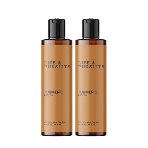Life & Pursuits Turmeric Body Oil 6.8 Fl Oz X 2- Ayurvedic Natural Body Massage Oil with Vitamin E, Coconut Oil, Almond & Squalane| Reduces Dark Spots, Brightens Skin, Hydrates & Moisturizes Dry Skin