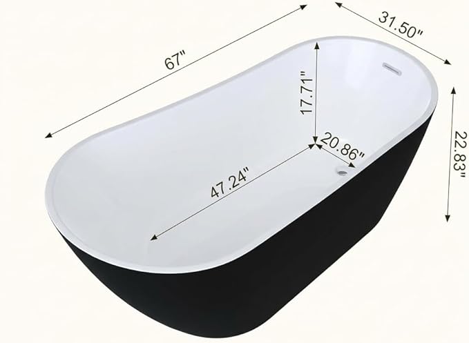 Bathtub with Upturned Ends, CUPC Chrome Drain and Overflow, White Interior and Black Exterior, Built-in Overflow, Fiber-Coated Fixing Bracket