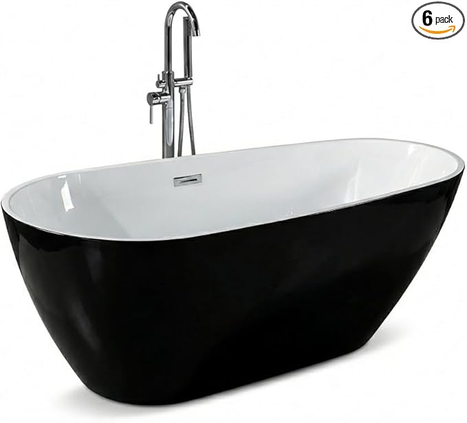 67" Freestanding Acrylic Bathtub, Deep Soaking Tub with Non-Slip Base & Chrome Drain, cUPC Certified, Black Pearl