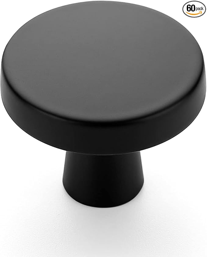 Ravinte 60 Pack Drawer Pulls 1-1/4 Inch Matte Black Kitchen Cabinet Knobs Solid Round Black Dresser Handles for Simple Cupboard Hardware