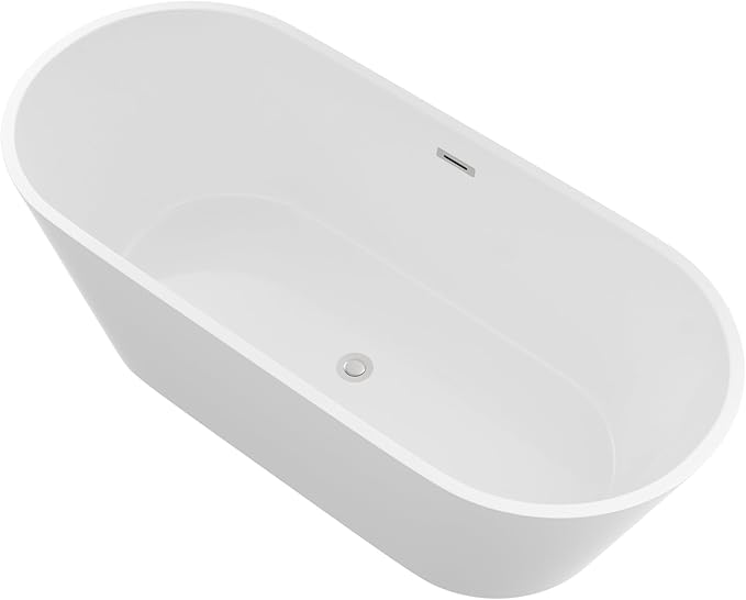 Logmey 63" White Acrylic Freestanding Bathtub Oval Shape Soaking Tub with Chrome Drain & Overflow Assembly for Classic and Modern Bathrooms