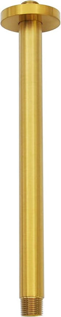 Aquaiaw Shower Arm and Anti-Scratch O-Ring Flange, Solid Brass, Both Soldered 1/2 NPT Tapered Threads, 12 inch Ceiling Mount Straight Rainfall Shower Head Arm Extension (Brushed Gold, Round)