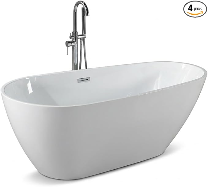 67" Freestanding Acrylic Bathtub, Deep Soaking Tub with Non-Slip Base & Chrome Drain, cUPC Certified, White Pearl