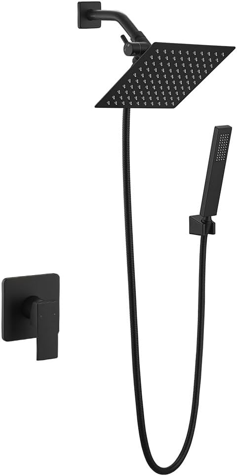 8 Inch Rainfall Shower Head and Handheld Spray Combo with 3-Way Diverter and Touch-Clean Nozzles, Rough-in Valve Body and Trim Included, Matte Black