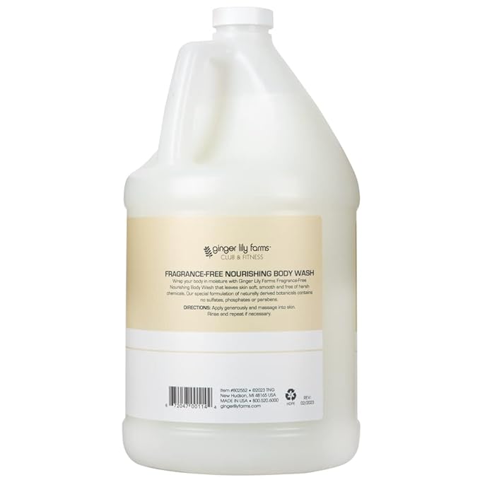 Ginger Lily Farms Club & Fitness Nourishing Body Wash, 100% Vegan & Cruelty-Free, Bath & Shower Gel for Men and Women, Fragrance Free, 1 Gallon (128 fl. oz.) Refill