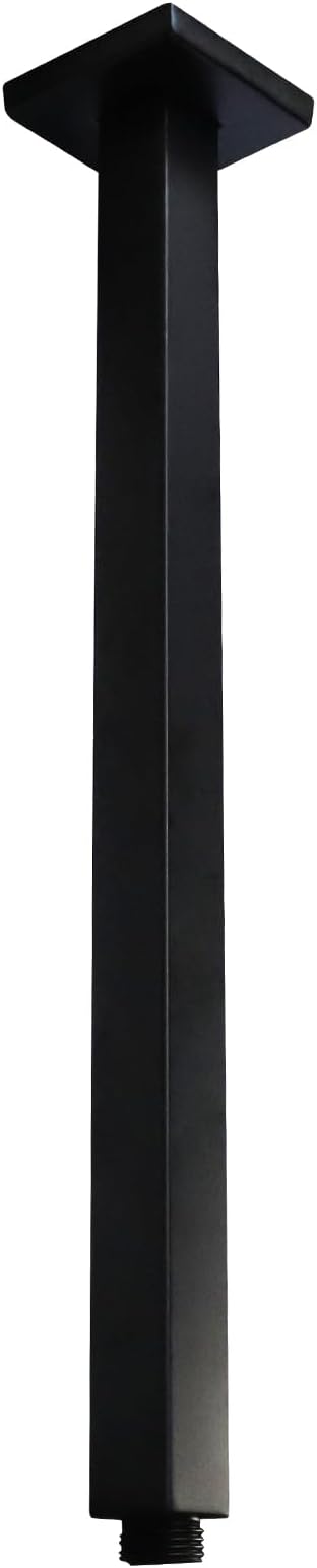 Matte Black Shower Arm with Flange and Teflon Tape for High Ceiling or Fixed Rain Showerhead, Universal Connection 16-inch Square Straight Shower Head Extender Extension Pipe, 304 Stainless Steel