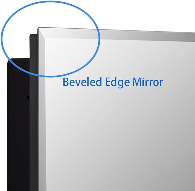 Black Plastic Bathroom Medicine Mirror Cabinet 16 x 22 inch, Surface and Recessed Mount, Beveled Edge Mirror