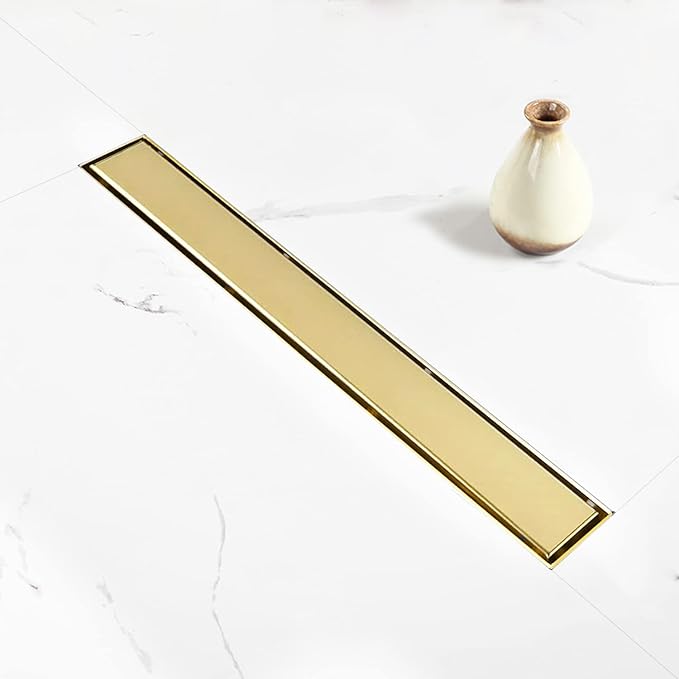 Linear Shower Drain, 32 inch Gold Drain with Tile Insert 2-in-1 Panel, Brushed 304 Stainless Steel Gold Shower Floor Drain, Linear Drain with Hair Strainer and Adjustable Feet