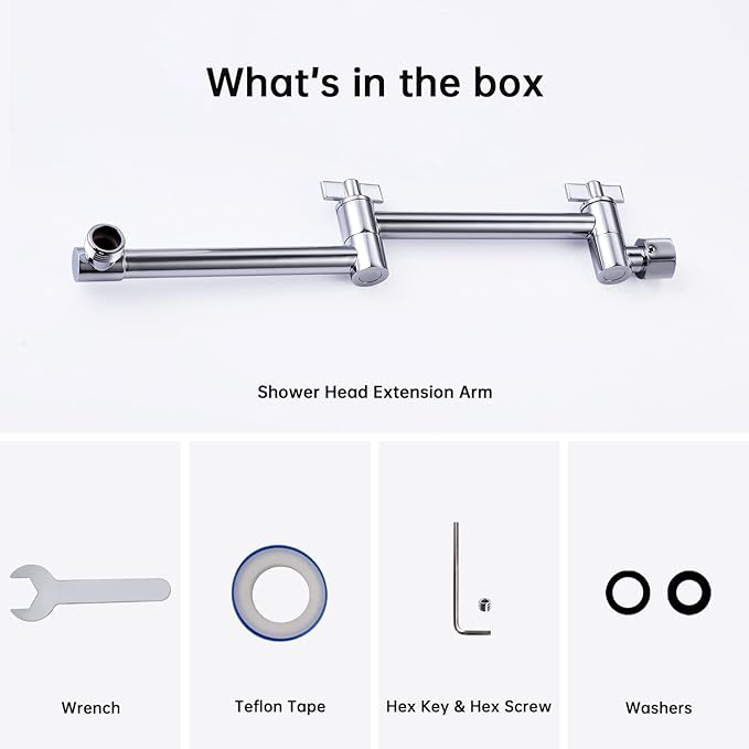 G-Promise 13 Inch Shower Head Extension Arm, Solid Brass Height & Angle Adjustable Extender, Rise or Lower Rainfall and Fixed Shower Head (Chrome)