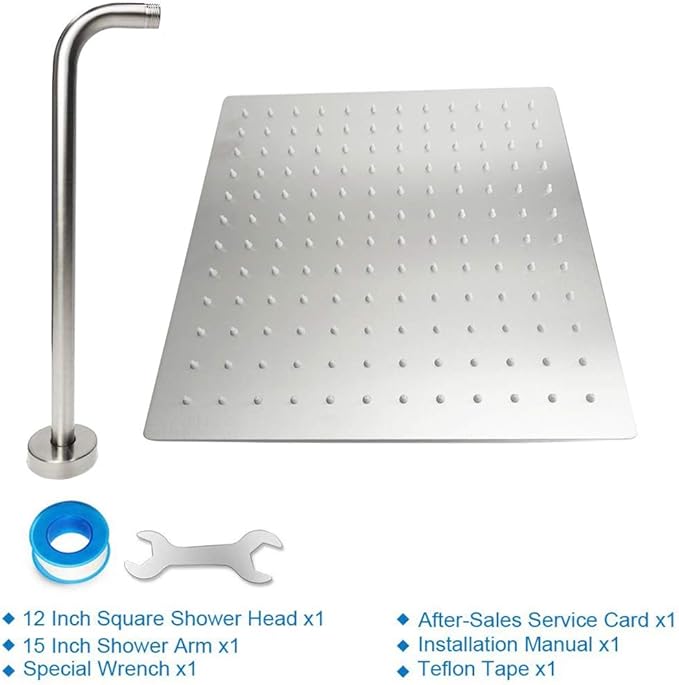 NearMoon Square Rain Shower Head With Extension Arm, Large Stainless Steel Rainfall Shower-Waterfall Full Body Coverage (12 Inch, Nickel)