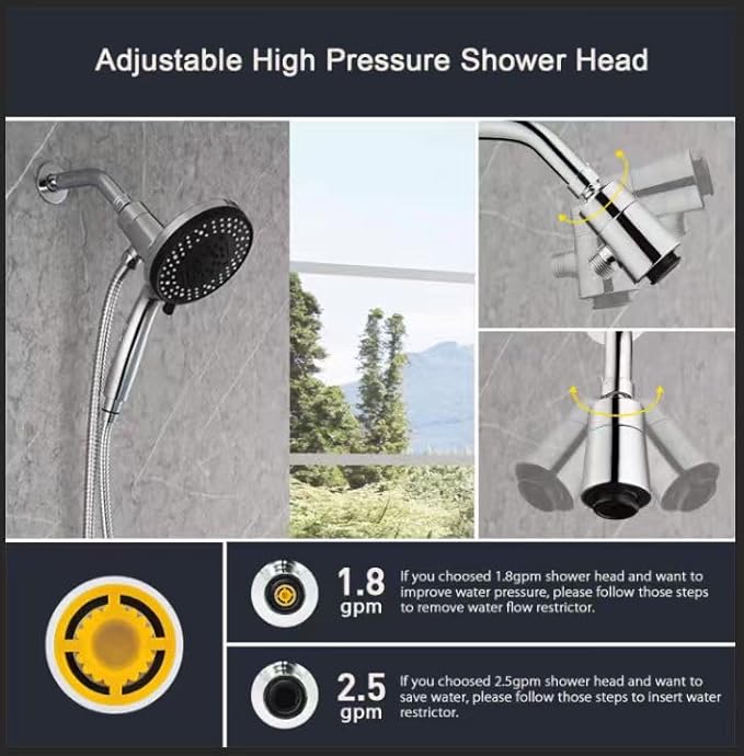 2.5 gpm Magnetic Shower Head with Handheld:High Pressure10-setting Shower Head,Magnetic Bracket,59 Inches Stainless Steel Showerhose,Magnetic Shower Base,1.8 gpm flow control valve.(Chorme)