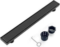 Offset Linear Shower Drain, Black Shower Drain 24 inch with 2-in-1 Tile Insert Cover, Brushed 304 Stainless Steel Side Outlet Black Shower Floor Drain with Hair Catcher and Adjustable Feet