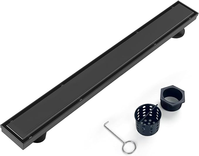 Offset Linear Shower Drain, Black Shower Drain 24 inch with 2-in-1 Tile Insert Cover, Brushed 304 Stainless Steel Side Outlet Black Shower Floor Drain with Hair Catcher and Adjustable Feet