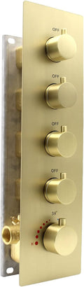 HOMEDEC 4 Way Shower Valve Rough-In and Trim Kit, 5 Handle Control Thermostatic Shower Mixing Valve with Diverter can Work at the Same Time, Brushed Gold