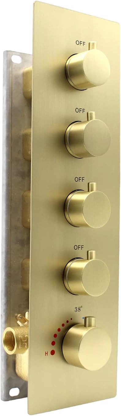 HOMEDEC 4 Way Shower Valve Rough-In and Trim Kit, 5 Handle Control Thermostatic Shower Mixing Valve with Diverter can Work at the Same Time, Brushed Gold