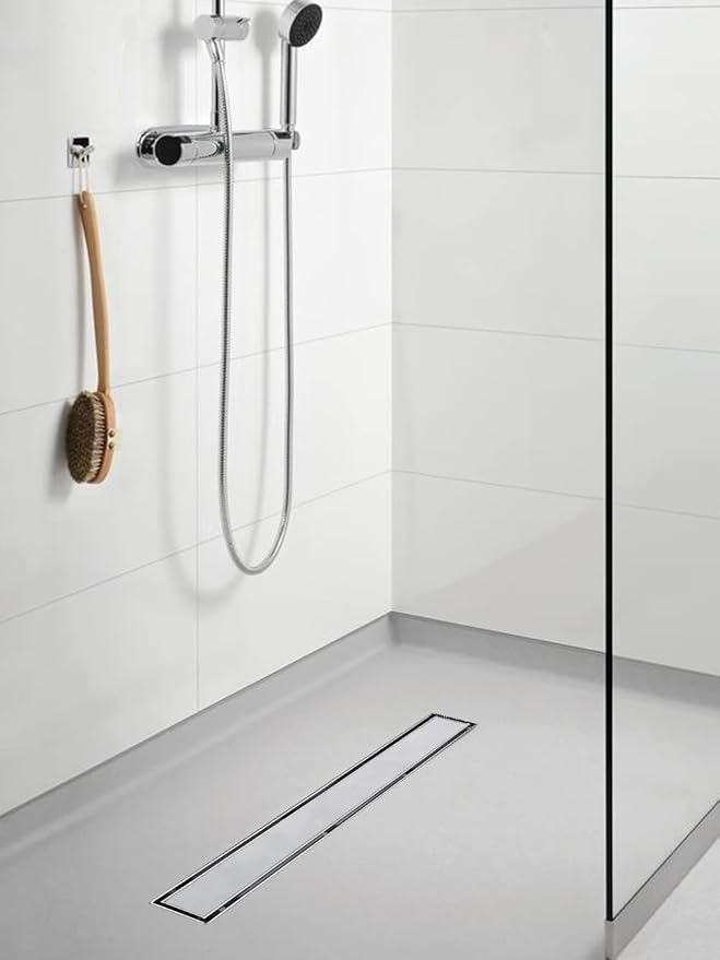 Linear Shower Drain, 24 inch Drain with Tile Insert 2-in-1 Panel, Brushed 304 Stainless Steel Shower Floor Drain, Linear Drain with Hair Strainer and Adjustable Feet