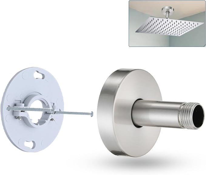 3 Inch Shower Arm with Flange and Stabilizer Bracket, Ceiling Mount Replacement Rain Shower Head 304 Stainless Steel Straight Arm For Fixed Shower Head, Brushed Nickel