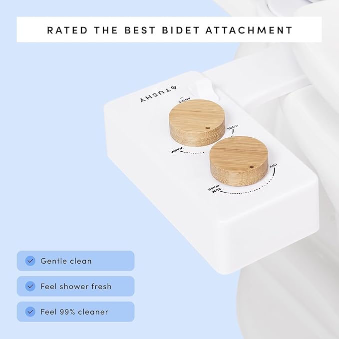 TUSHY Spa Self-Cleaning Warm Water Toilet Bidet Attachment. Adjustable Nozzle, Angle & Pressure Control. Easy DIY Home Install, Requires Sink Access for Optional Warm Water Control. (Biscuit/Platinum)