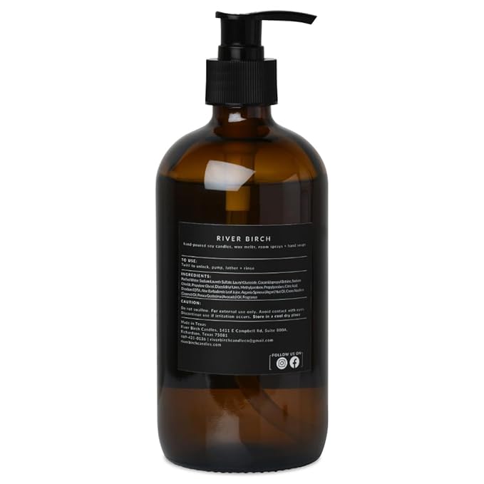 River Birch Vanilla Peppermint Scented Natural Hand Soap - Handmade Soap - Moisturizing Hand Wash with Amber Glass Dispenser - Luxury Scented Hydrating Hand Soap - Vegan and Non-Toxic - 16 Fl Oz