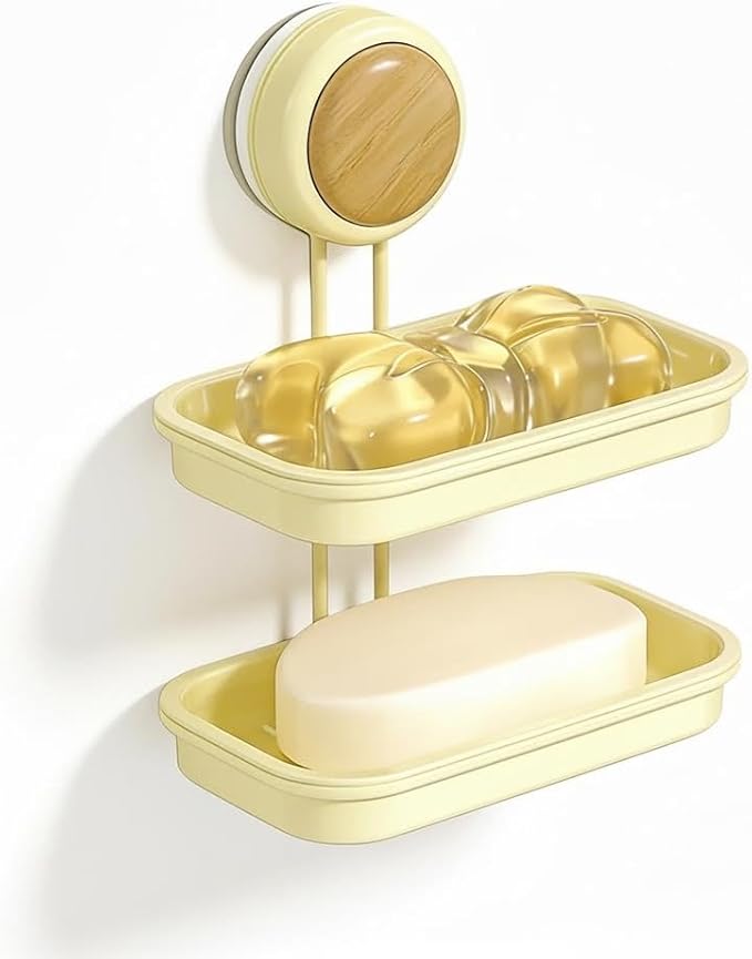 Dual-Suction Soap Dish Holder, Wall-Mounted No Drill Soap Saver with Double Layer Drying Rack, Strong Suction Cups for Bathroom, Shower, Kitchen Sink Countertop Organization