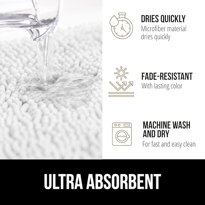 GORILLA GRIP Bath Rug Mat 48x17, Thick Soft Absorbent Chenille, Quick Dry Microfiber Mats, Rubber Backing Washable Shower Floor Rugs, Bathmat Runner, US Designed Bathroom Home Decor Accessories White