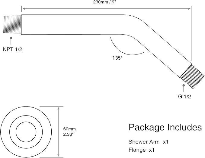 9 Inch Angled Shower Arm with Flange,Wall-Mounted Heavy Duty Stainless Steel, Shower Head Extension Extender Pipe Arm, For Fixed Bathroom Shower Head,Chrome