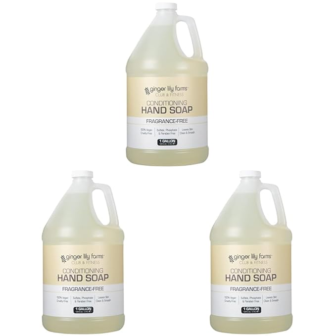Ginger Lily Farms Club & Fitness Conditioning Liquid Hand Soap Refill, 100% Vegan & Cruelty-Free, Fragrance Free, 1 Gallon (128 fl oz) (Pack of 3)