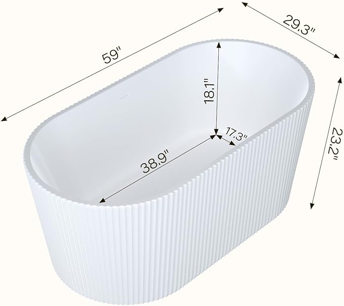 59 Inch Acrylic Freestanding Bathtub, Deep Soaking Tub with Non-Slip Base, CUPC Certified Free Standing Tub, Chrome Drain Bath Tub, Modern Tub for Bathrooms, White