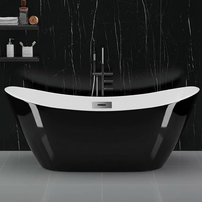 Bathtub with Upturned Ends, CUPC Chrome Drain and Overflow, White Interior and Black Exterior, Built-in Overflow, Fiber-Coated Fixing Bracket