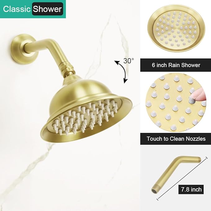 Dual Antique Shower Head System with Tub Spout: 9" Ceiling Mounted Rain & 6" Wall Mount Rainfall, Handheld Spray Vintage Faucet Set, 4 Way Diverter Brass Valve with Trim Kit, Brushed Gold