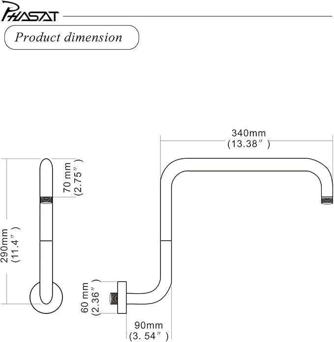 PHASAT S Shaped Shower Arm,Shower Arm Extension Brushed Nickel,High Rise Shower Arm with Flange,Shower Head Extension Arm,PU9L01-M