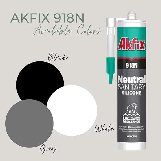 Akfix 918N Black 100% Silicone Caulk for Kitchen and Bathroom (12x10.5 fl.oz.) - Solvent-Free, Low Odor, UV & Water Resistant, Fast Curing, Paintable, High Elasticity Silicone Sealant | Black, 12 Pack