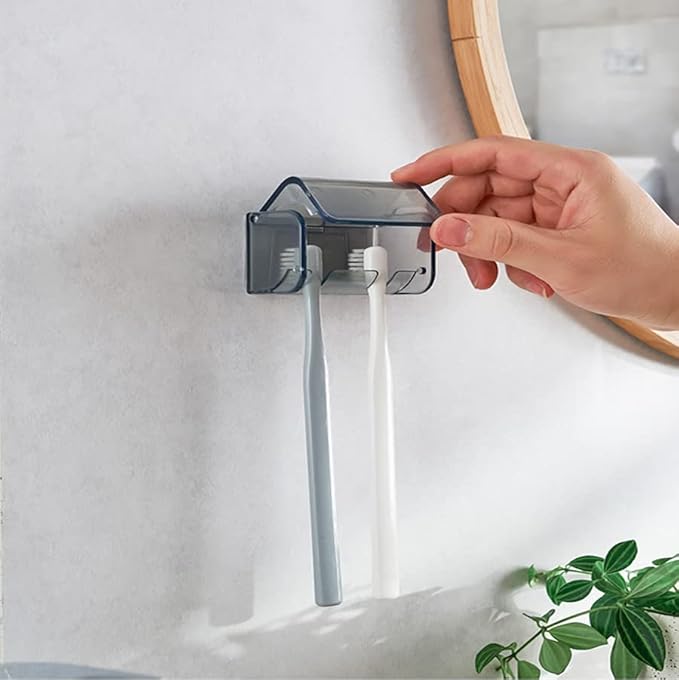 2 PCS Toothbrush Holder Wall Mounted with Cover for Bathroom, 2 Slots Toothbrush Storage Organizer for Shower, Self Adhesive Toothbrush Hanger Rack for Dorm, Cabinet (Grey)