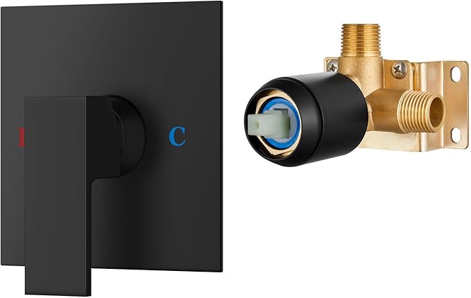 Airuida Square Single-Function Brass Faucet Shower Rough-in Valve Male Thread Bathroom Trim Kit Single Handle Tub Shower Valve 5.5 Inch Cover Plate Matte Black
