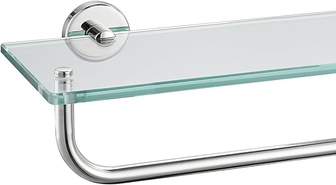 JQK Bathroom Glass Shelf Polished Chome, Shelf with 15 Inch Towel Bar Tempered Glass Shower Storage 16 by 5 inches, 304 Stainless Steel Silver Finish Wall Mount, TGS100-CH