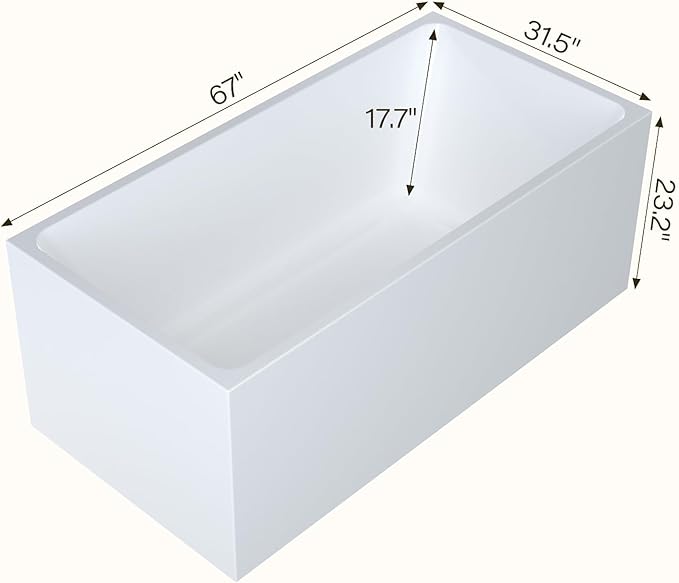 67" Acrylic Soaking Bathtub, Deep Modern Tub with Non-Slip Base, CUPC Certified, Space-Saving Bath with Chrome Drain and Overflow, Easy Install for Small Bathrooms, White