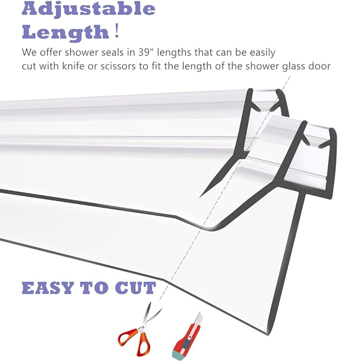 2-Pack Frameless Shower Door Bottom Seal (3/8'' X 39'') Clear Glass Shower Door Seal Strip Shower Door Sweep can Covers up to 23mm Gap - Stop Leaks