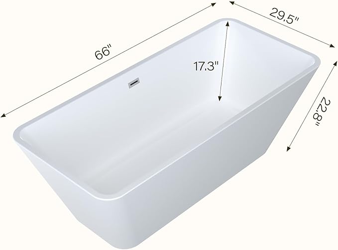 66" Acrylic Freestanding Soaking Bathtub, Matte Drain & Black Overflow, Modern Design Tub for Home Bathroom Renovations, Glossy White