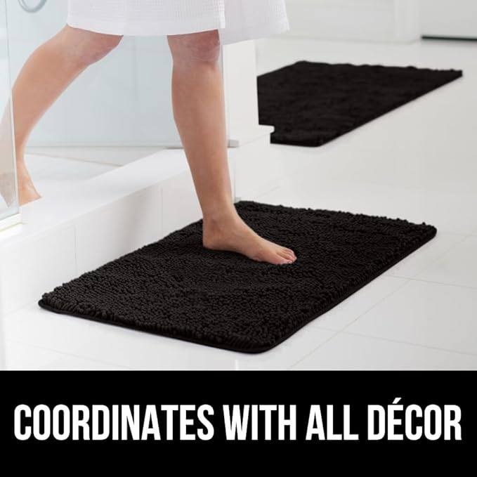 GORILLA GRIP Bathroom Rug Sets 3 Piece, Bath Mat Set and Oval Toilet Base with Rubber Backing, Plush Absorbent Shaggy Chenille Washable Mats, Includes 24x19.5, 24x17 and 30x20 Inch Rugs, Black