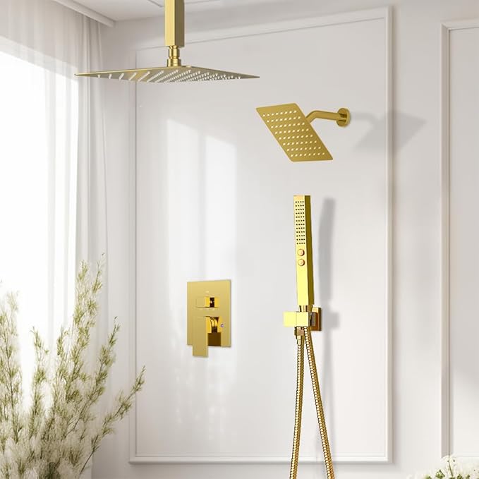 Brushed Gold Shower System, STARBATH Ceiling Mount Shower Set 12+6'' Wall Mount Rainfall Showerhead with Handheld 2 Functions High-Pressure Spray, Dual Rain Shower Faucet Set with Valve Complete