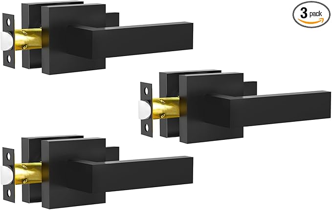 Passage Door Lever, 3 Pack Matte Black Interior Door Handles for Hallway and Closet, Heavy Duty Square Interior Keyless Door Handles Non-Locking Door Knobs for Right & Left Side Door