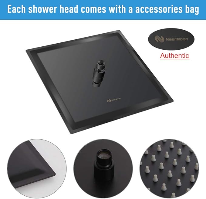 NearMoon Square Rain Shower Head With Extension Arm, Large Stainless Steel Rainfall Shower-Waterfall Full Body Coverage (16 Inch, Matte Black)
