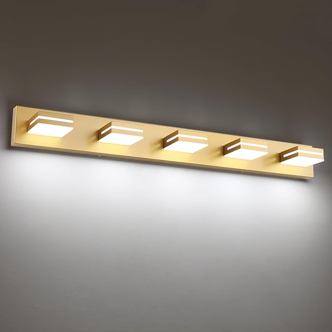 SineRise LED Modern Bathroom Vanity Light Fixtures (5-Light, 40-Inch), Matte Gold Modern Acrylic Bathroom Wall Lighting Fixtures Over Mirror (Cool White 6000K)