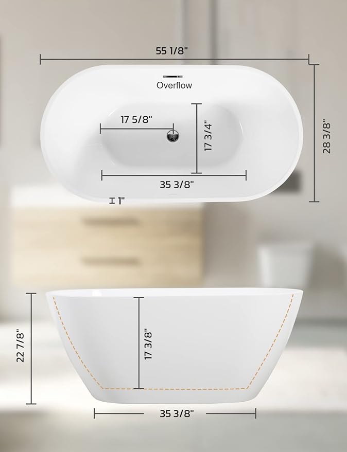 Acrylic Bathtub 55 Inch, Freestanding Deep Soaking Bath Tub with Brushed Overflow and Drain, Contemporary Gloss White Freestanding Bathtub