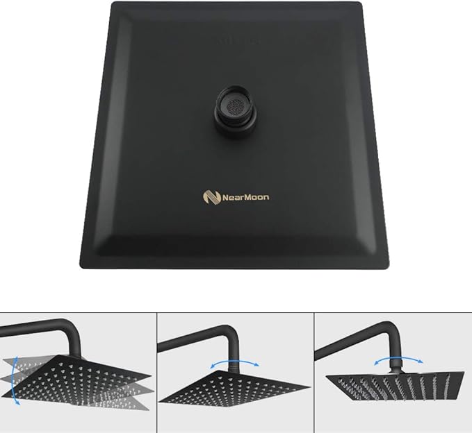 NearMoon Square Rain Shower Head With Extension Arm, Large Stainless Steel Rainfall Shower-Waterfall Full Body Coverage (16 Inch, Matte Black)