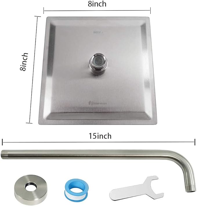 NearMoon Square Rain Shower Head With Extension Arm, Large Stainless Steel Rainfall Shower-Waterfall Full Body Coverage (8 Inch, Nickel)