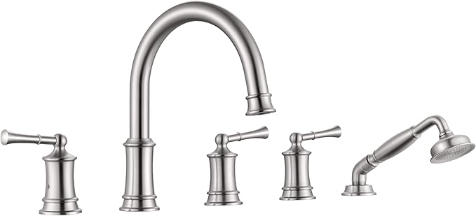 Roman Tub Faucet with Hand Shower, Antique Tub Shower Faucet Set with Valve for 5 Hole, Deck Mount Shower Tub Faucet Set，3 Handle Bath Tub Faucet High Flow, Brushed Nickel(B2309-BN)