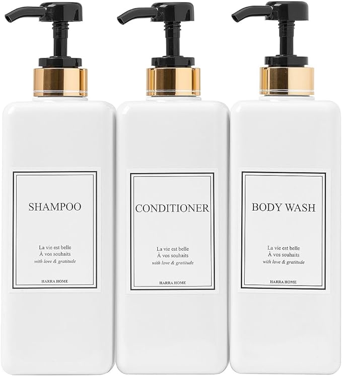 Modern Gold Design Pump Bottle Set 27 oz Refillable Shampoo and Conditioner Dispenser Empty Shower Plastic Bottles with Pump for Bathroom Lotion Body wash Massage Oils, Pack of 3 (Black)