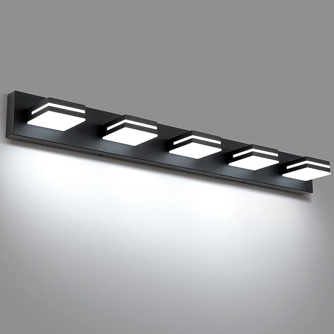 SineRise LED Modern Bathroom Vanity Light Fixtures (5-Light, 40-Inch), Matte Black Modern Acrylic Bathroom Wall Lighting Fixtures Over Mirror (Cool White 6000K)