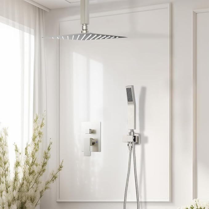Shower Faucet Set Brushed Nickel Shower System, Starbath 12 Inch Rain Shower Head and Handheld Spray Shower Set Complete Ceiling Mounted,2 Way Pressure Balance Shower Valve and Trim Kit Included